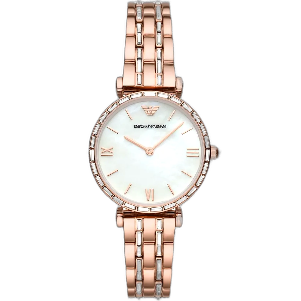 Emporio Armani Gianni T-Bar AR11294 women's watch with a white dial and a rose gold-toned stainless steel mesh strap.