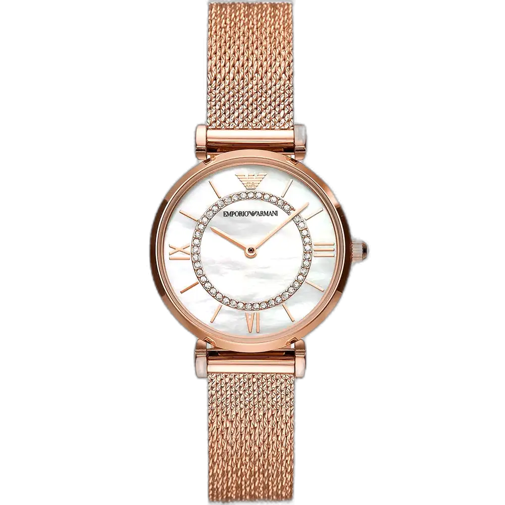 Emporio Armani Gianni T-Bar AR11320 women's watch with a white dial and a rose gold-toned stainless steel mesh stra