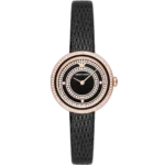 Emporio Armani AR11493 women's watch with a black dial and a black leather strap.
