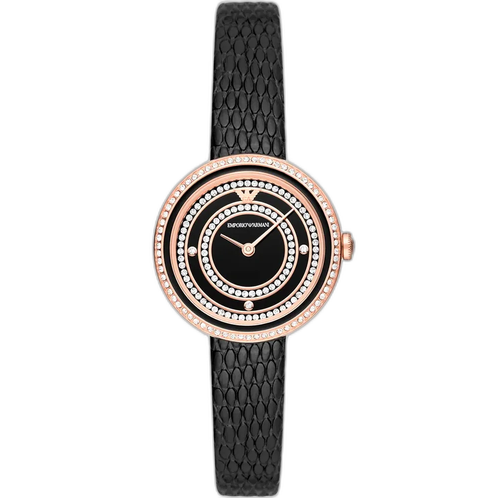 Emporio Armani AR11493 women's watch with a black dial and a black leather strap.