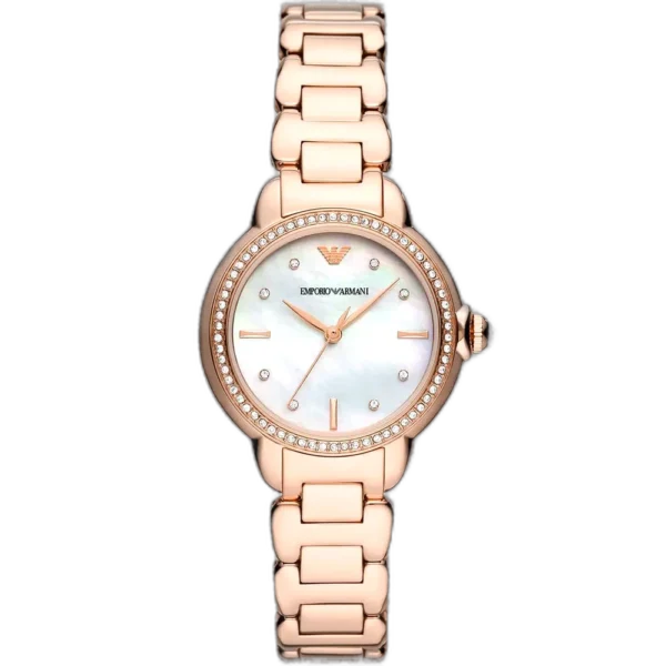 Emporio Armani AR11523 women's watch with a white dial and a rose gold-toned stainless steel mesh strap.
