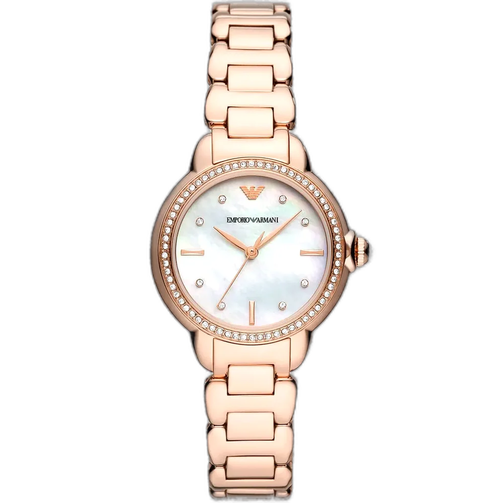 Emporio Armani AR11523 women's watch with a white dial and a rose gold-toned stainless steel mesh strap.
