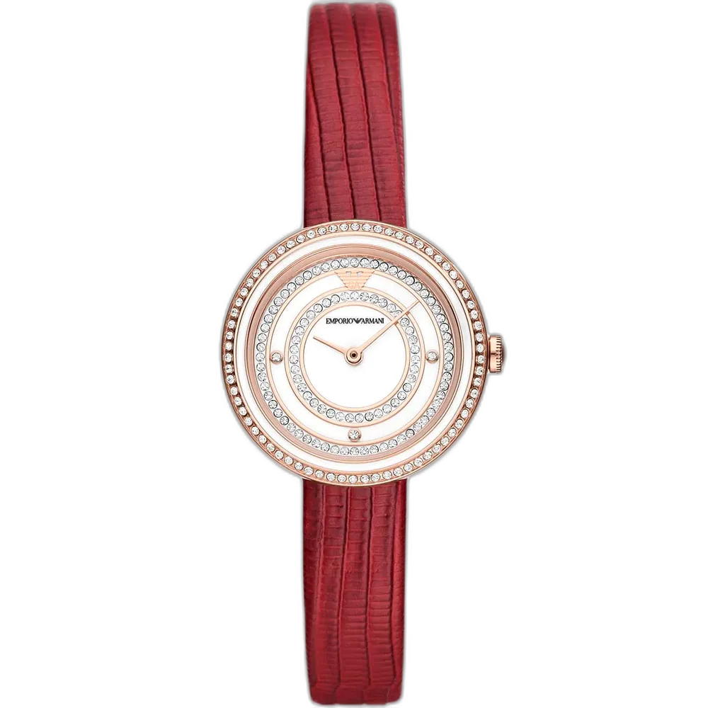 Emporio Armani AR11532 women's watch with a white dial and a red leather strap.