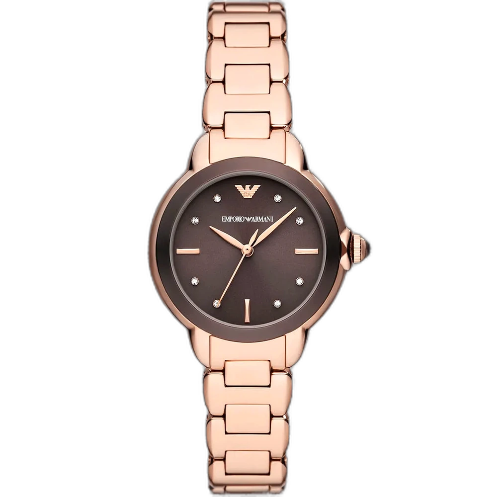 Emporio Armani Mia AR11570 women's watch with a brown dial and a rose gold-toned stainless steel mesh strap.