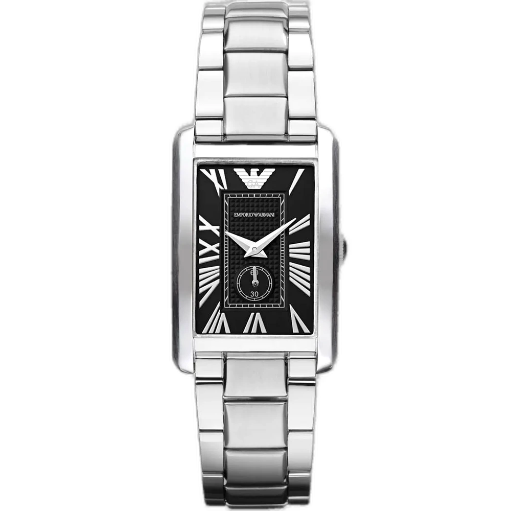 Emporio Armani Gianni T-Bar AR1725 women's watch with a gray dial and a two-toned silver and rose gold stainless steel strap. المصادر