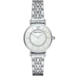 Emporio Armani Gianni T-Bar AR1908 women's watch with a white dial and a silver-toned stainless steel strap.
