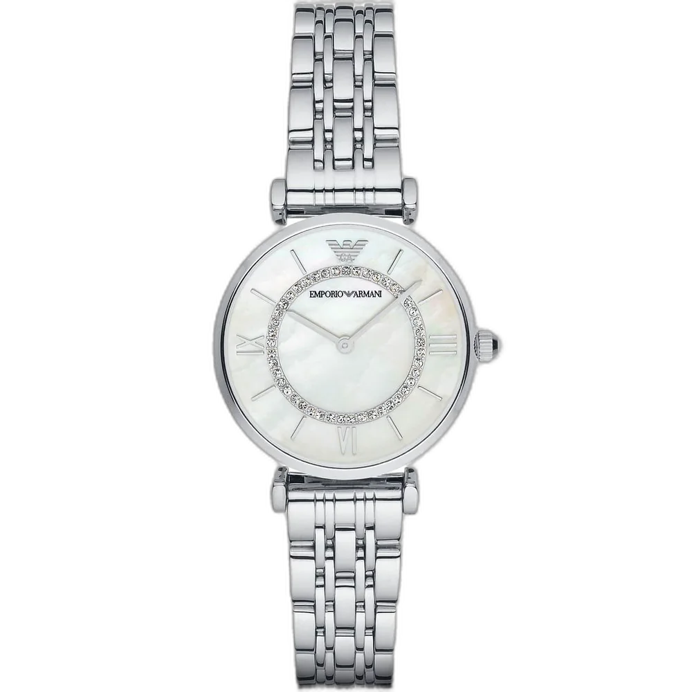 Emporio Armani Gianni T-Bar AR1908 women's watch with a white dial and a silver-toned stainless steel strap.