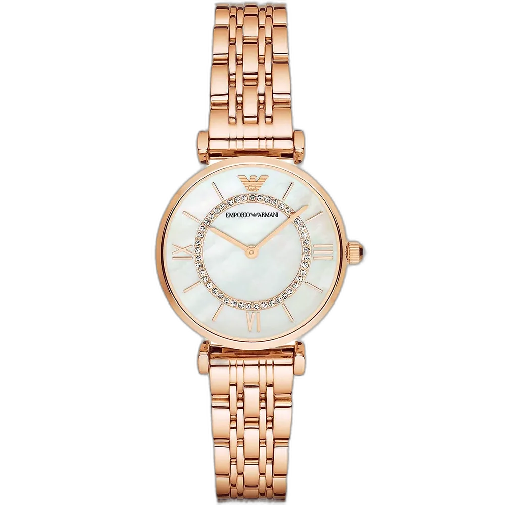 Emporio Armani Gianni T-Bar AR1909 women's watch with a white mother-of-pearl dial and a rose gold-toned stainless steel strap.