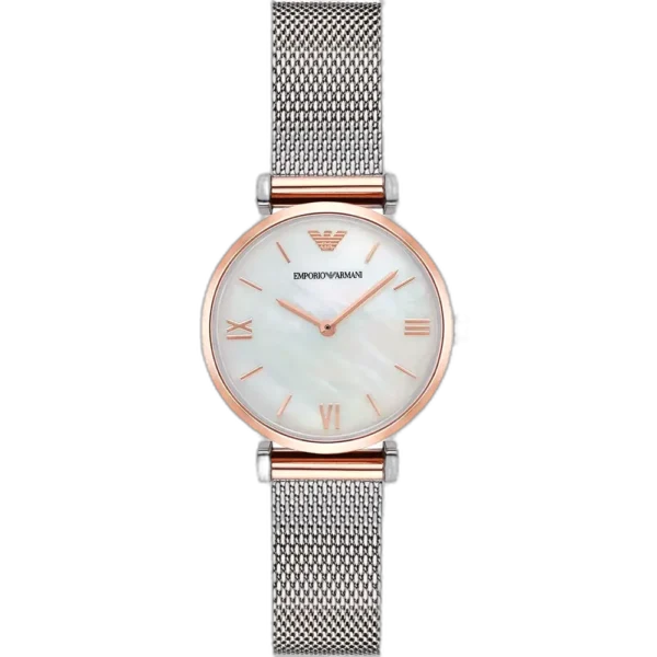 Emporio Armani Gianni T-Bar AR2067 women's watch with a white mother-of-pearl dial and a silver-toned stainless steel strap.