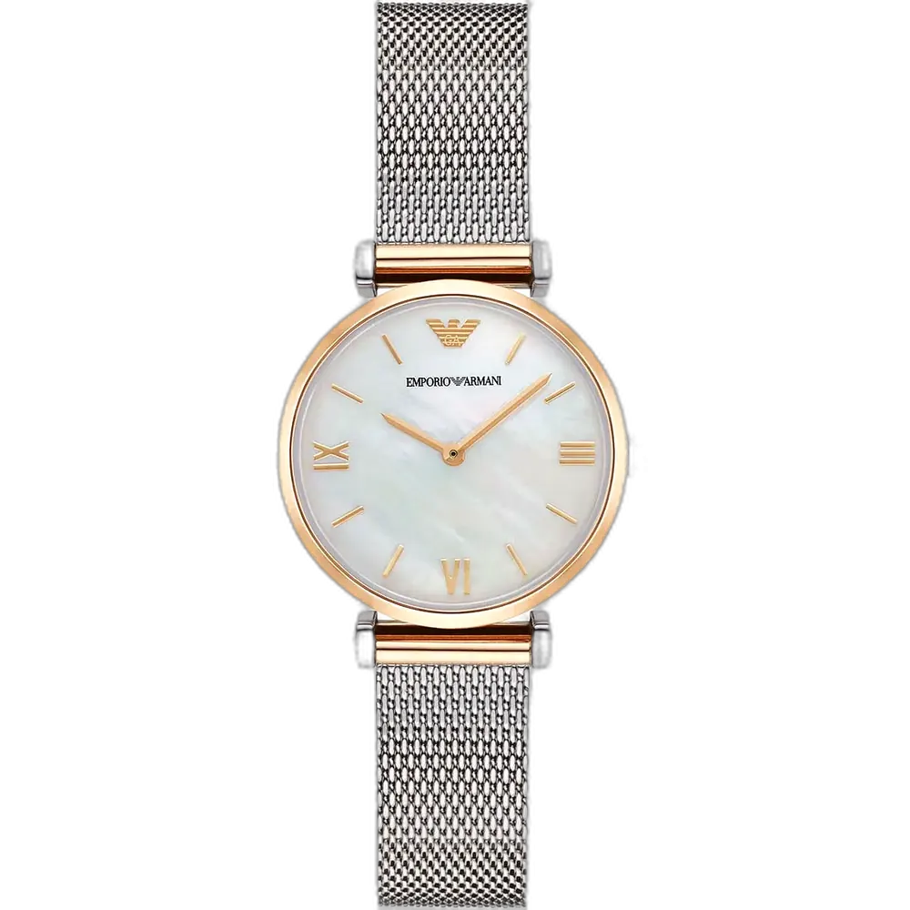 Emporio Armani Gianni T-Bar AR2068 women's watch with a white mother-of-pearl dial and a silver-toned stainless steel strap.