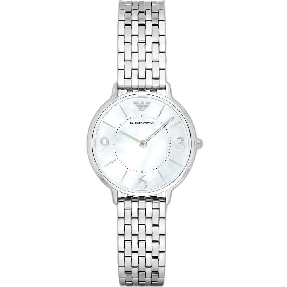 Emporio Armani Kappa AR2507 women's watch with a white dial and a silver-toned stainless steel strap.