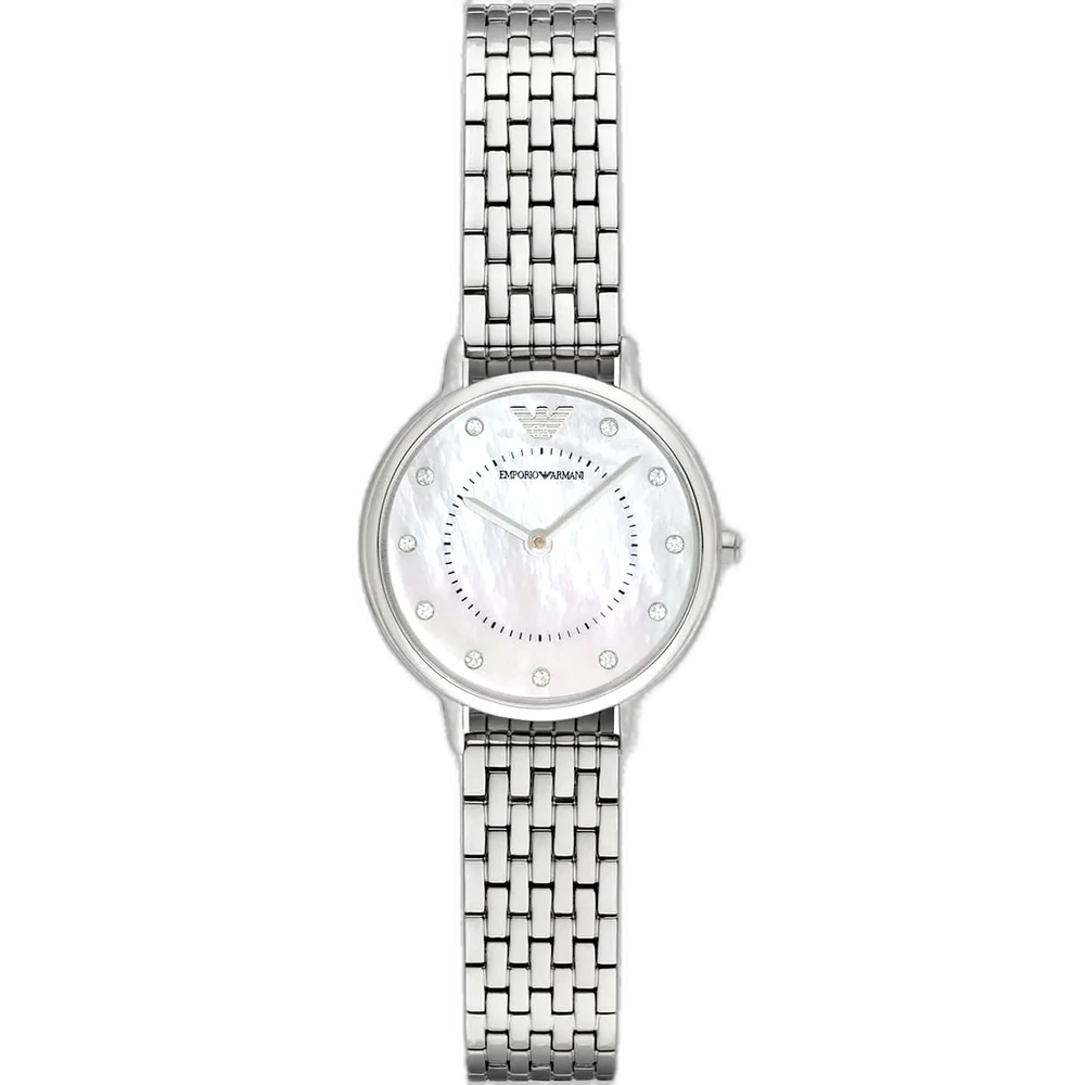 Emporio Armani Kappa AR2511 women's watch with a white dial and a silver-toned stainless steel strap.