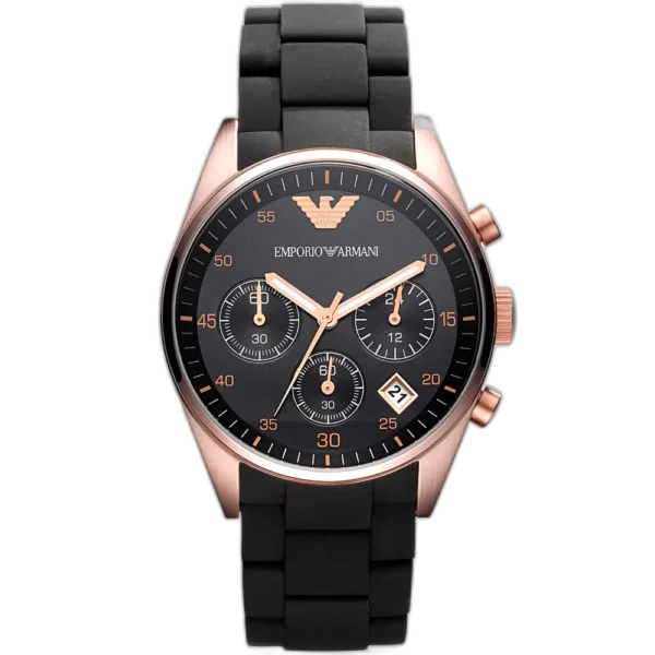 Emporio Armani Tazio AR5906 women's watch with a black dial and a black stainless steel and rubber strap.