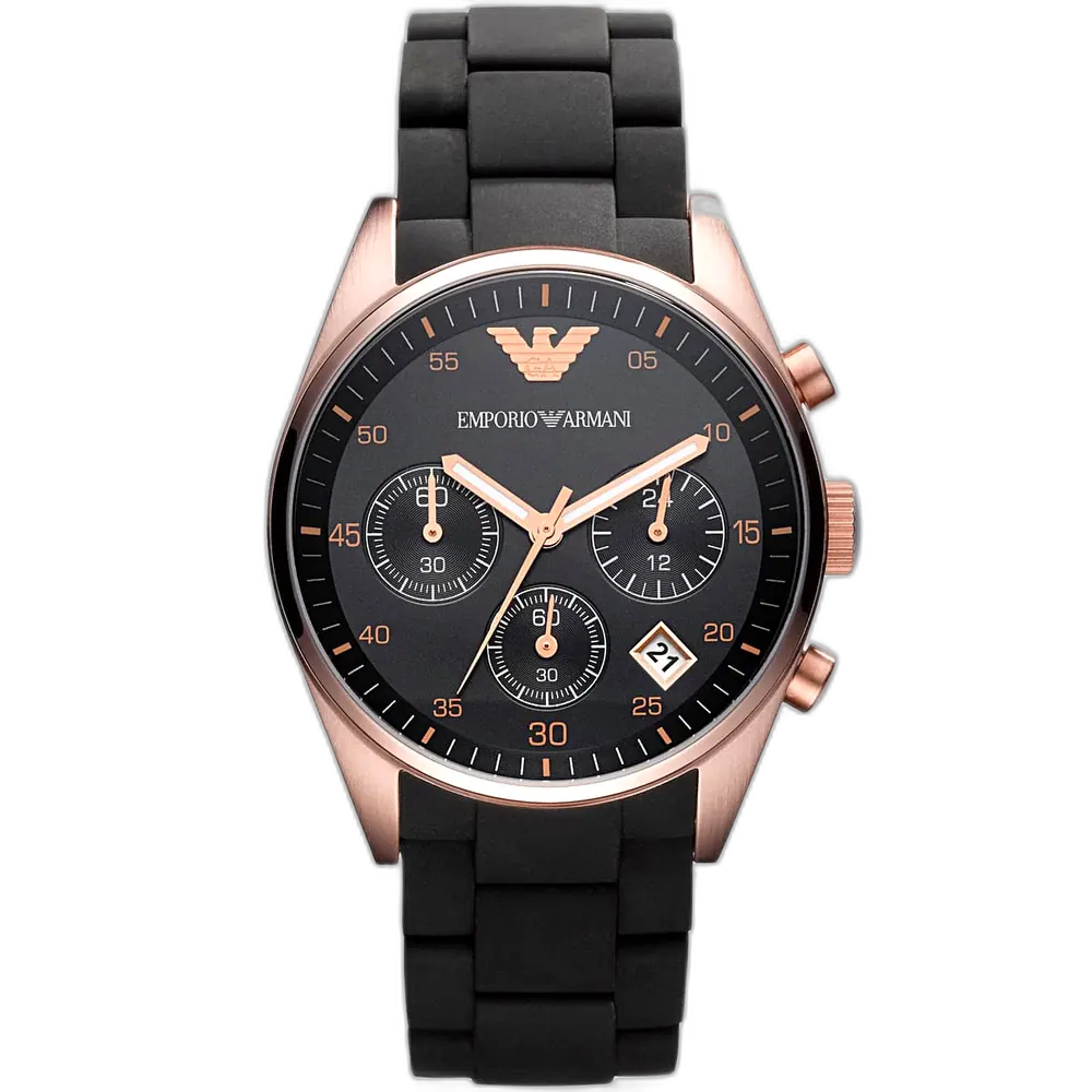 Emporio Armani Tazio AR5906 women's watch with a black dial and a black stainless steel and rubber strap.