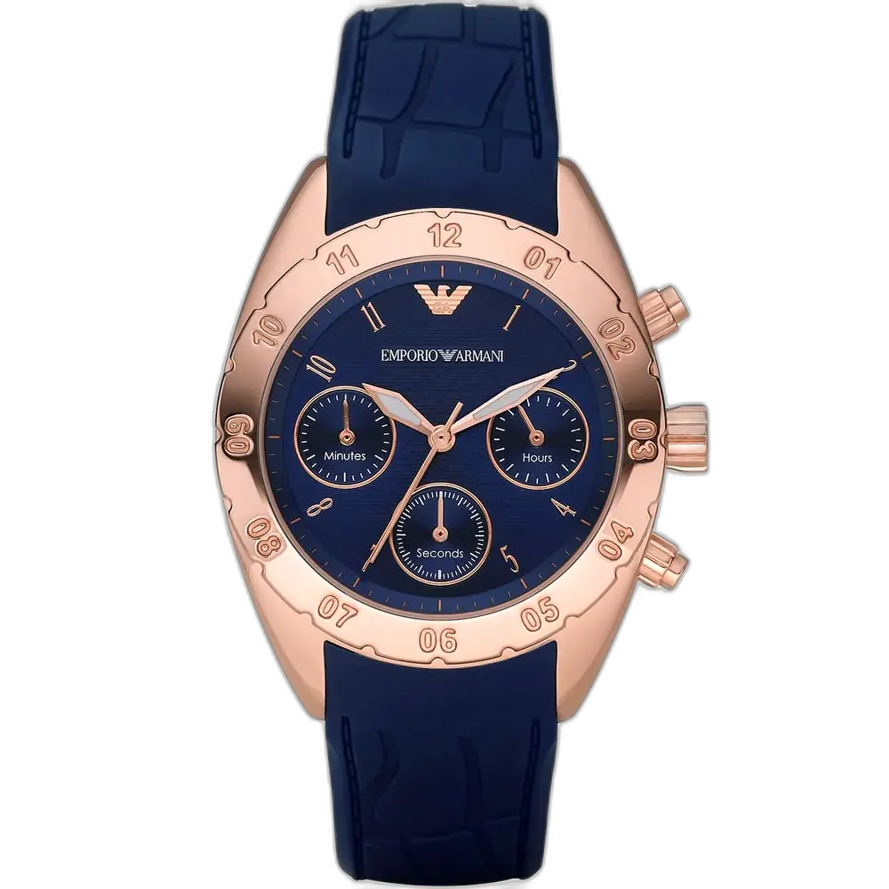 Emporio Armani AR5939 women's watch with a blue dial and a blue rubber/silicone strap.