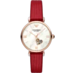 Emporio Armani Gianni T-Bar AR60048 women's watch with a white dial and a red leather strap.