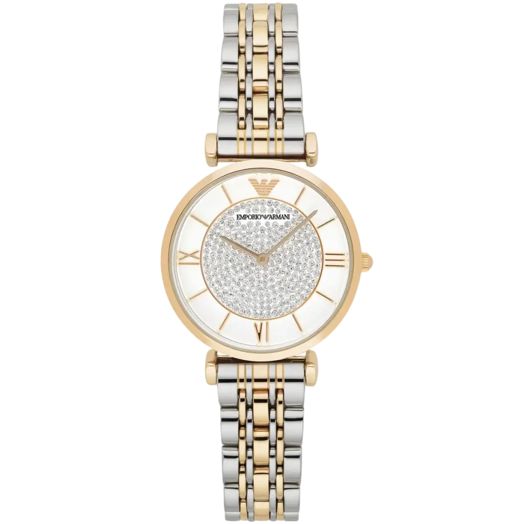 Emporio Armani Gianni T-Bar AR8031 women's watch with a white dial and a two-tone silver and gold stainless steel mesh strap.