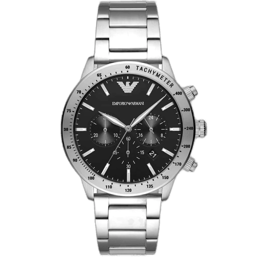Emporio Armani Mario AR11241 men's watch with a black dial and a silver-toned stainless steel strap.