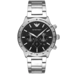 Emporio Armani Mario AR11241 men's watch with a black dial and a silver-toned stainless steel strap.