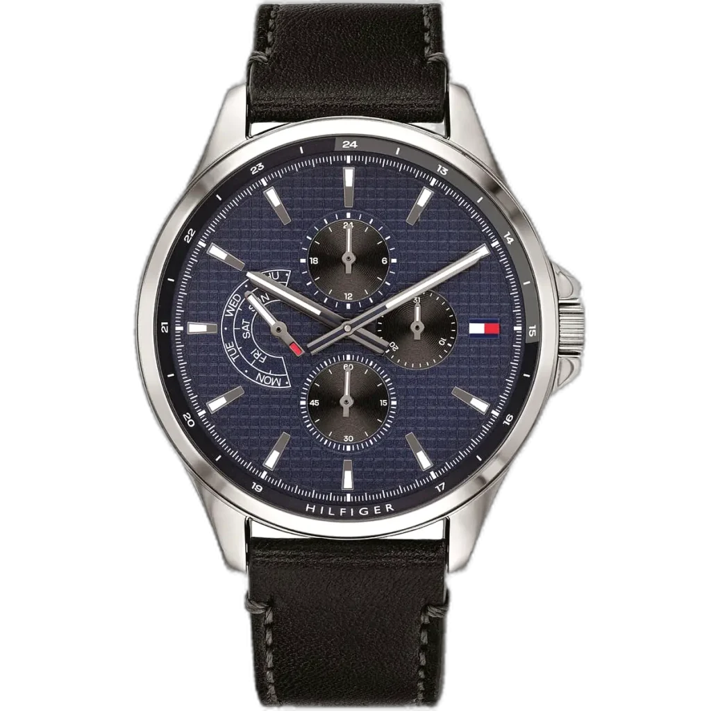 Embrace a unique, modern look with this original Tommy Hilfiger watch. This authentic timepiece, reference 1791616 (Shawn model), features a striking blue dial and a sleek black genuine leather strap.