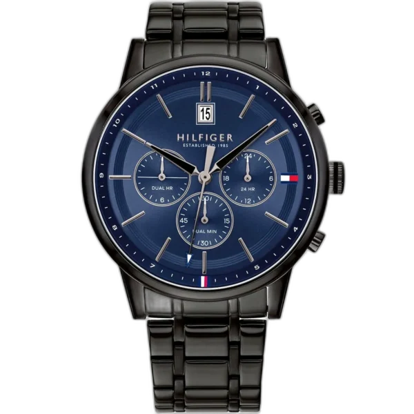 Embrace a sleek, modern look with this original Tommy Hilfiger watch. This authentic timepiece, reference 1791633 (Kyle model), features a vibrant blue dial and a classic black-toned stainless steel strap.
