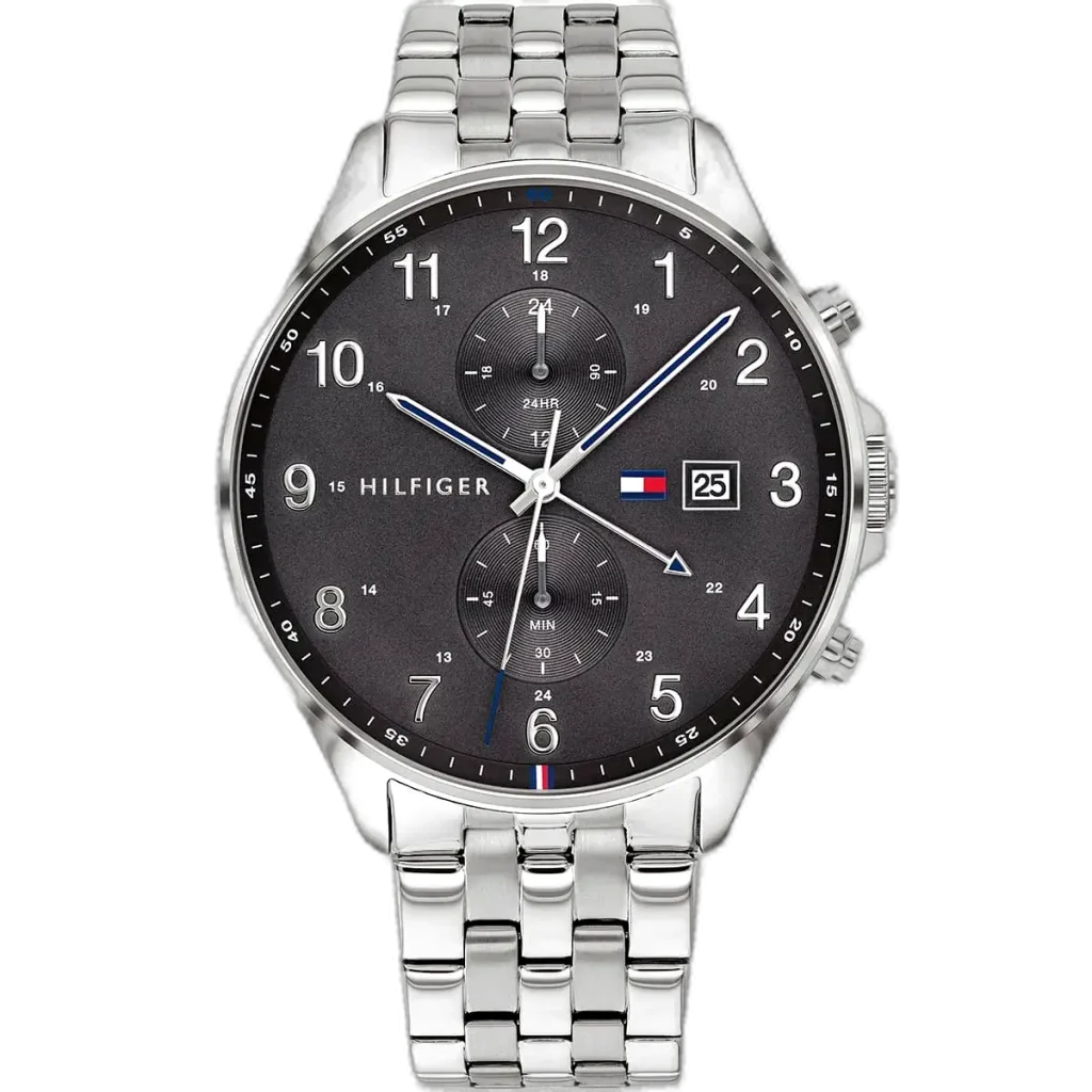 Embrace timeless style with this original Tommy Hilfiger watch. This authentic timepiece, reference 1791707 (West model), features a bold black dial and a classic silver-toned stainless steel strap.