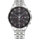 Embrace timeless style with this original Tommy Hilfiger watch. This authentic timepiece, reference 1791707 (West model), features a bold black dial and a classic silver-toned stainless steel strap.