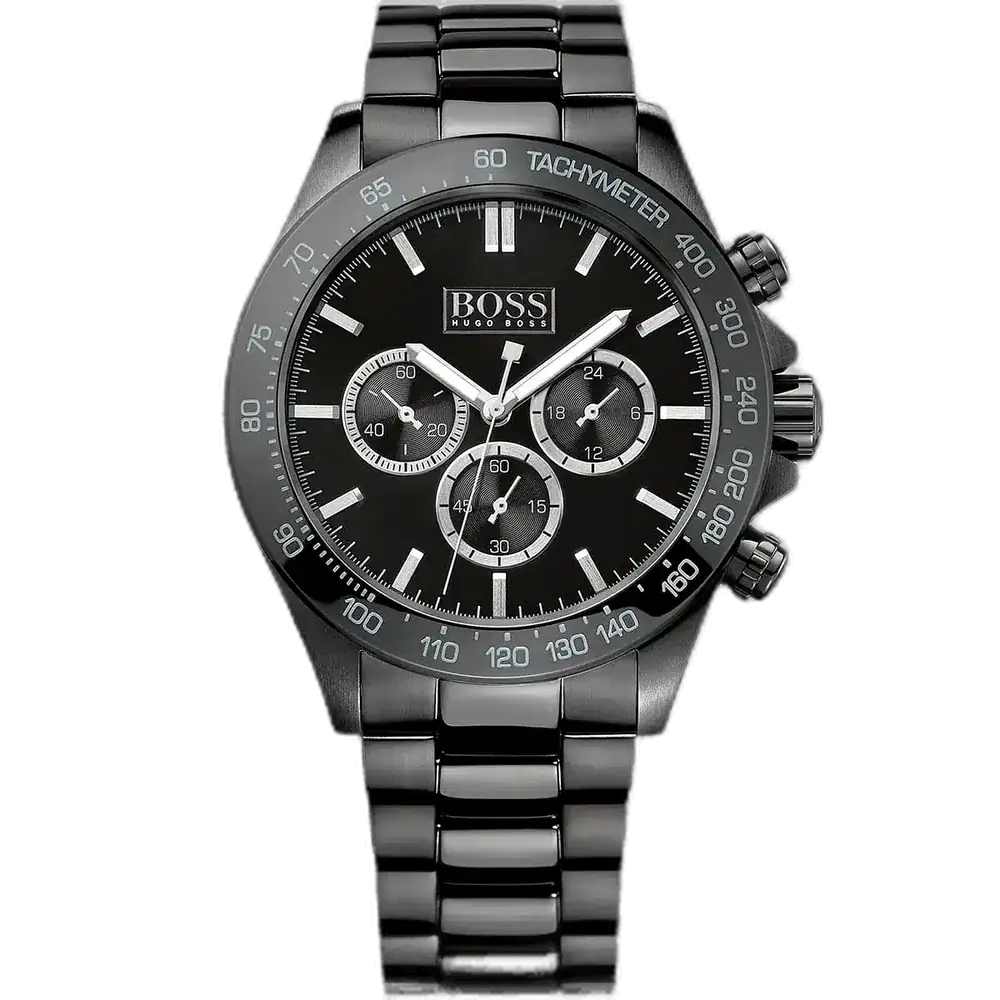 Hugo Boss Ikon 1512961 men's chronograph watch with a black sunray dial and black PVD-coated stainless steel bracelet.