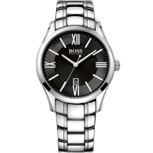 Hugo Boss Ambassador 1513025 men's watch with a black dial and silver stainless steel bracelet.