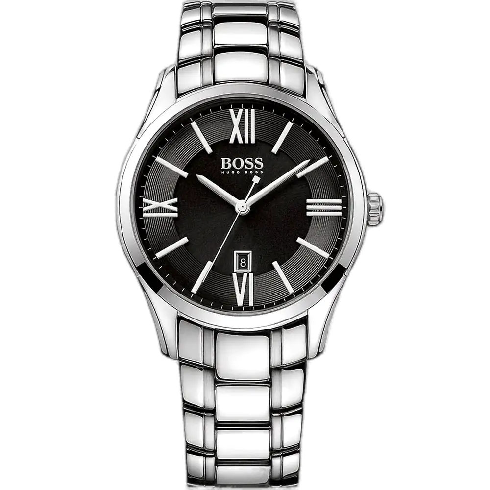 ساعة هوجو بوس أمباسادور 1513025 رجالية، بمينا سوداء وسوار من الستانلس ستيل الفضي.