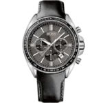 Hugo Boss Driver 1513085 men's chronograph watch with a black sunburst dial and black leather strap.