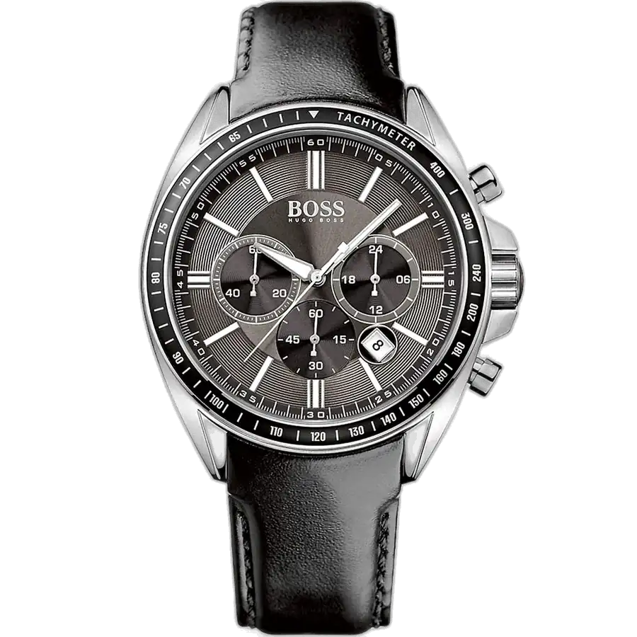 Hugo Boss Driver 1513085 men's chronograph watch with a black sunburst dial and black leather strap.