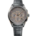Hugo Boss Onyx 1513366 men's chronograph watch with a grey sunray dial and grey PVD-coated stainless steel bracelet.