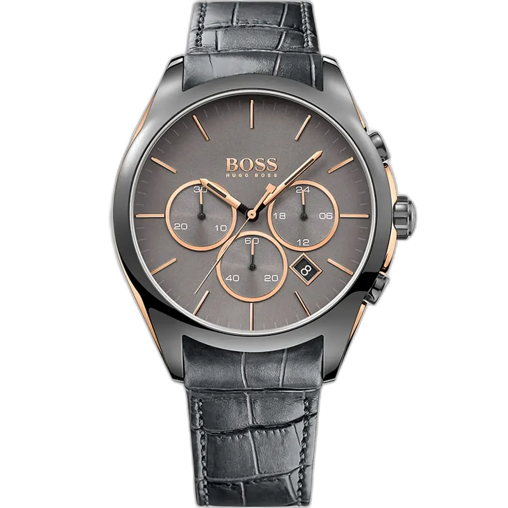 Hugo Boss Onyx 1513366 men's chronograph watch with a grey sunray dial and grey PVD-coated stainless steel bracelet.