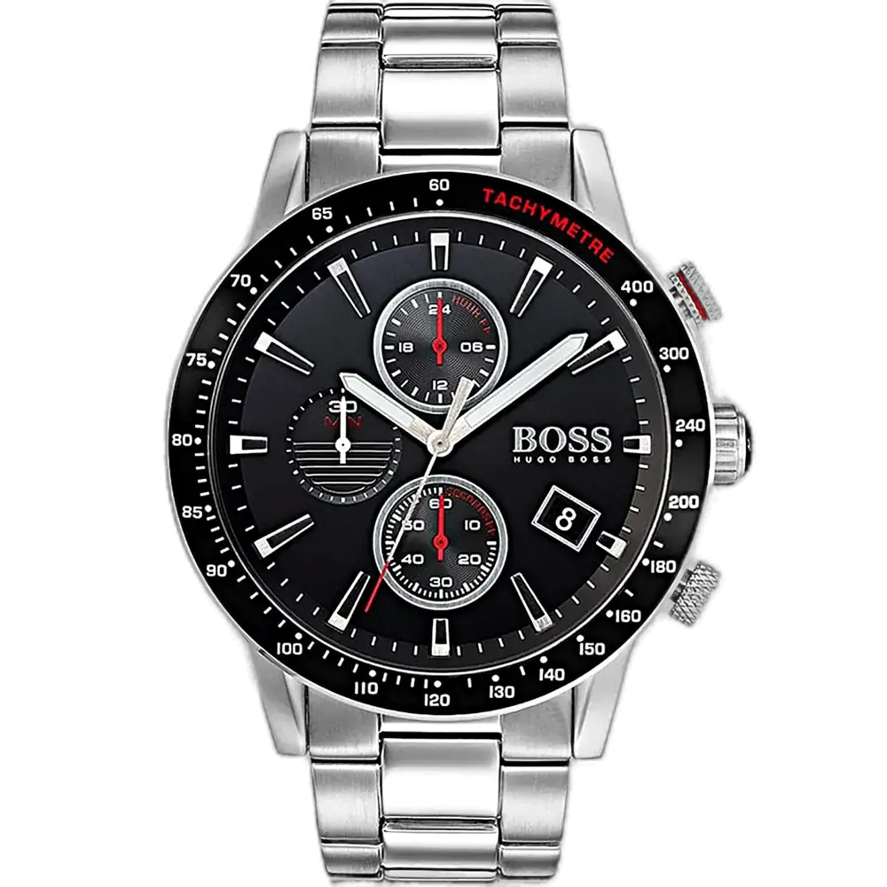 Hugo Boss Rafale 1513509 men's chronograph watch with a black sunburst dial and silver stainless steel bracelet.