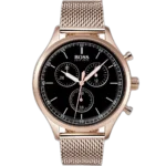 Hugo Boss Companion 1513548 men's chronograph watch with a black sunburst dial and rose gold PVD-coated stainless steel bracelet.