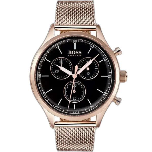 Hugo Boss Companion 1513548 men's chronograph watch with a black sunburst dial and rose gold PVD-coated stainless steel bracelet.