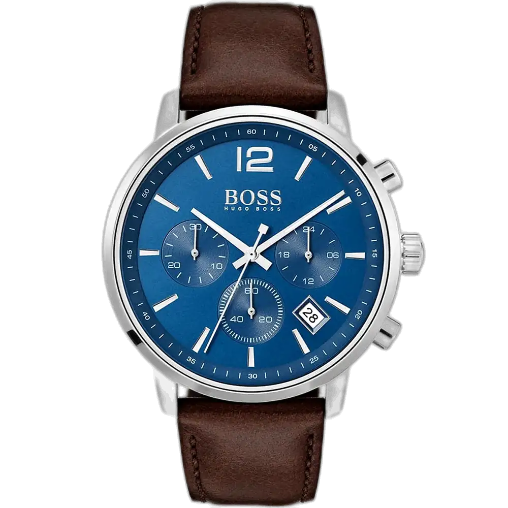 Hugo Boss Attitude 1513606 men's chronograph watch with a blue sunburst dial and brown leather strap.