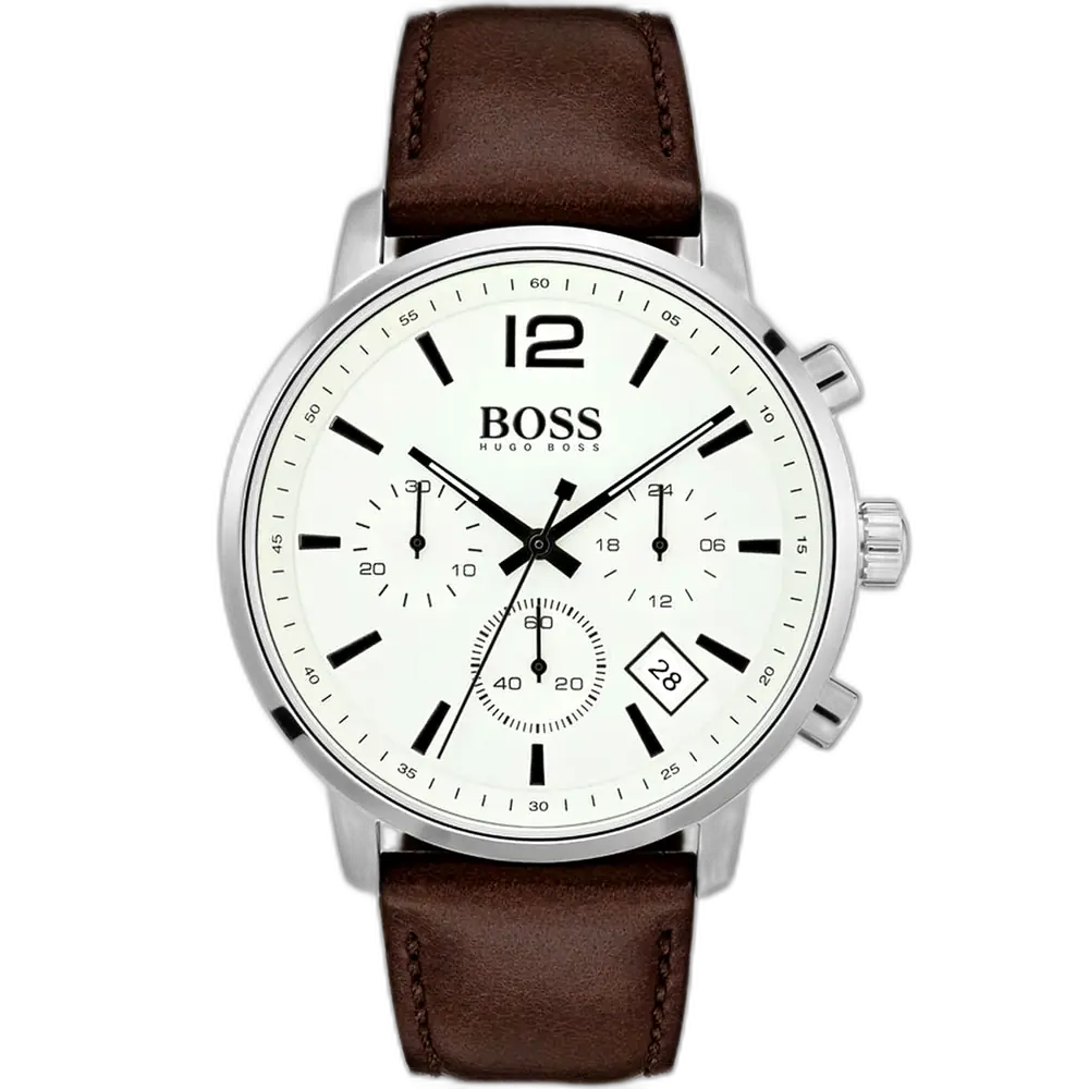 Hugo Boss Attitude 1513609 men's chronograph watch with a beige sunburst dial and brown leather strap.
