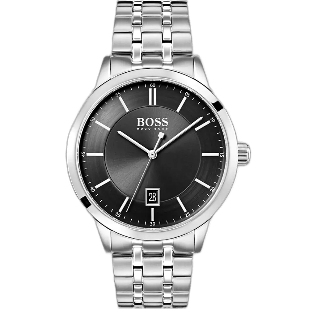 ساعة هوجو بوس أوفيسر 1513614 رجالية، بمينا سوداء وسوار من الستانلس ستيل الفضي.