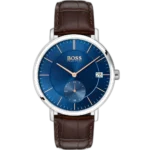 Hugo Boss Corporal 1513639 men's watch with a blue sunburst dial and brown leather strap.