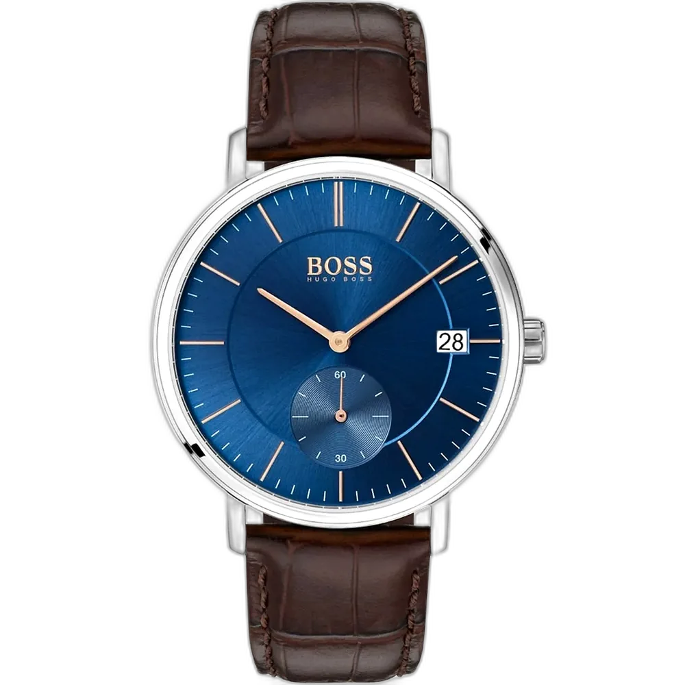 Hugo Boss Corporal 1513639 men's watch with a blue sunburst dial and brown leather strap.