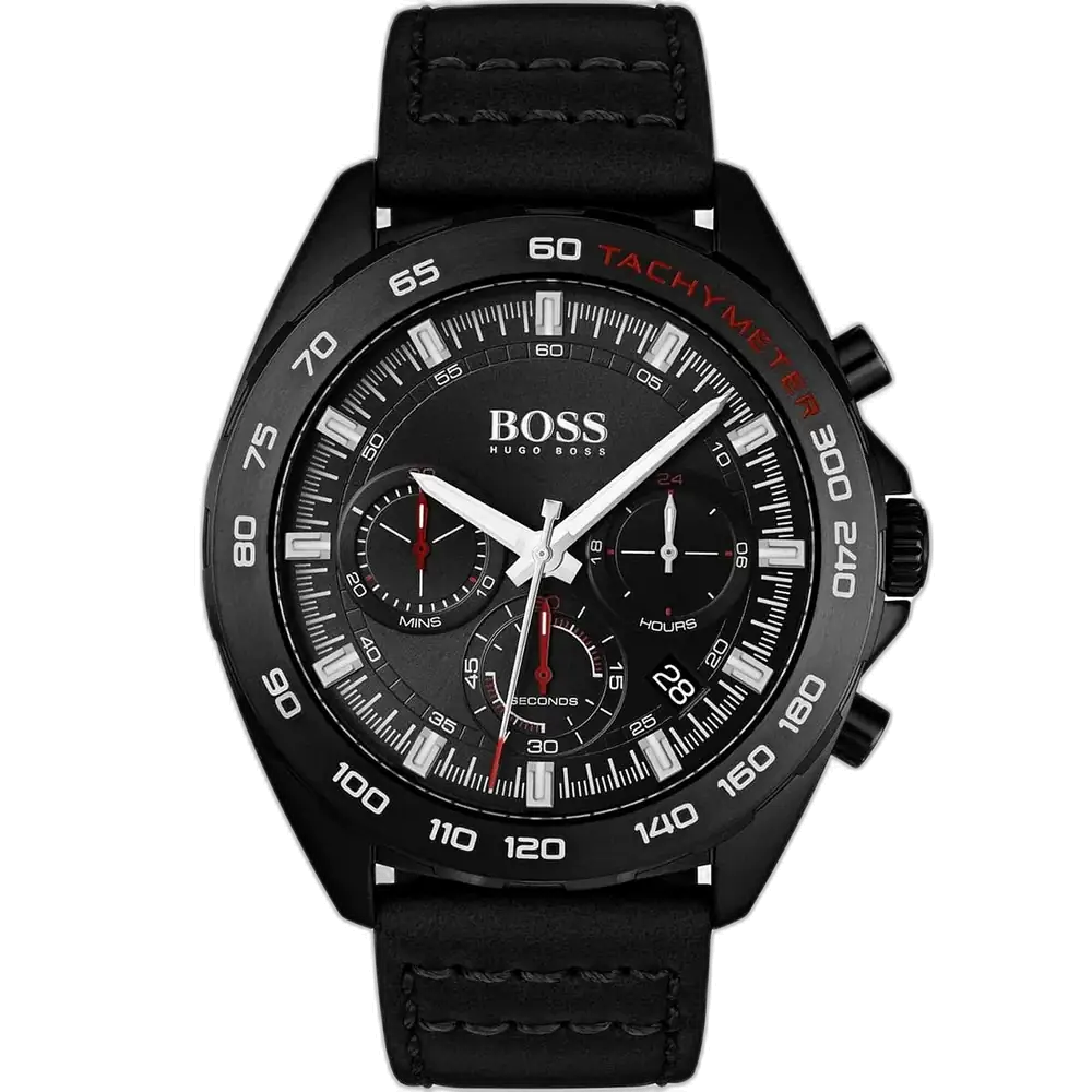 Hugo Boss Intensity 1513662 men's chronograph watch with a black sunburst dial and black leather strap.