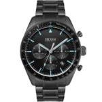 Hugo Boss Trophy 1513675 men's chronograph watch with a black sunray dial and black PVD-coated stainless steel bracelet.