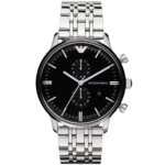 Emporio Armani AR0389 Watch with Black Dial and Silver Stainless Steel Bracelet