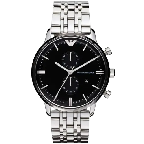 Emporio Armani AR0389 Watch with Black Dial and Silver Stainless Steel Bracelet