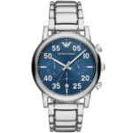 "Emporio Armani Luigi AR11132 men's watch with a blue dial and a silver-toned stainless steel strap."