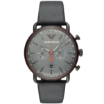 Emporio Armani Aviator AR11168 men's watch with a grey dial and a black leather strap.