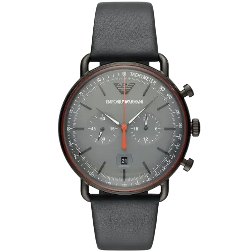 Emporio Armani Aviator AR11168 men's watch with a grey dial and a black leather strap.