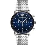 Emporio Armani Aviator AR11238 men's watch with a blue dial and a silver-toned stainless steel strap.